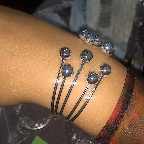 Sterling Silver Beaded Ball Bracelet Cuff Bangle Matching Ring Set - Picture 9 of 14